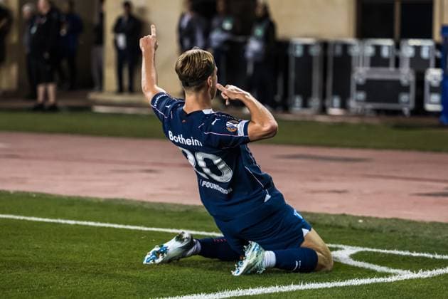 241003 Erik Botheim of Malmö FF celebrates the 1-1 goal during the UEFA Europa League football match between Qarabag and Malmö FF on October 3, 2024 in Baku. Photo: Petter Arvidson BILDBYRAN kod PA PA0893 fotboll football soccer fotball uefa europa league qarabag malmö ff bbeng jubel Copyright: PETTERxARVIDSON BB241003PA088