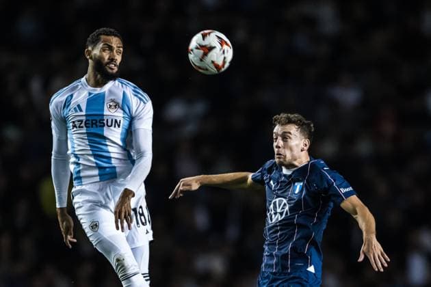 241003 Juninho of Qarabag and Colin Rösler of Malmö FF during the UEFA Europa League football match between Qarabag and Malmö FF on October 3, 2024 in Baku. Photo: Petter Arvidson BILDBYRAN kod PA PA0893 fotboll football soccer fotball uefa europa league qarabag malmö ff bbeng bbauto Copyright: PETTERxARVIDSON BB241003PA092