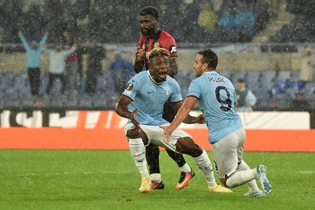 Pedro Eliezer Rodriguez Ledesma of SS Lazio celebrates with Fisayo Dele-Bashiru after scoring the goal of 1-0 during the Europa League football match between SS Lazio and OGC Nice at Olimpico stadium in Rome (Italy), October 3, 2024. AntoniettaxBaldassarre