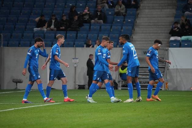 Europa League, TSG 1899 Hoffenheim vs FC Dynamo Kiew 03.10.2024, PreZero-Arena, Sinsheim, Europa League, TSG 1899 Hoffenheim vs FC Dynamo Kiew , im Bild Adam Hlozek (Hoffenheim) freut sich über das Tor zum 1:0. Sinsheim PreZero-Arena Deutschland