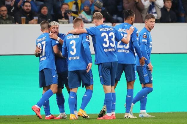 03.10.2024, xtvx, Fussball UEFA Europa League, TSG 1899 Hoffenheim - Dynamo Kiev emspor, v.l. Goal scored, Tor zum 2:0 Adam Hlozek (TSG 1899 Hoffenheim) Torjubel, Goal celebration, celebrate the goal, celebrates scoring (DFL DFB REGULATIONS PROHIBIT ANY USE OF PHOTOGRAPHS as IMAGE SEQUENCES and or QUASI-VIDEO) Sinsheim