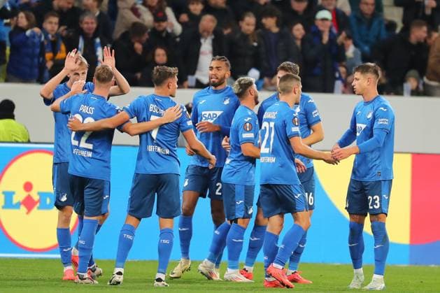 03.10.2024, xtvx, Fussball UEFA Europa League, TSG 1899 Hoffenheim - Dynamo Kiev emspor, v.l. Goal scored, Tor zum 2:0 Adam Hlozek (TSG 1899 Hoffenheim) Torjubel, Goal celebration, celebrate the goal, celebrates scoring (DFL DFB REGULATIONS PROHIBIT ANY USE OF PHOTOGRAPHS as IMAGE SEQUENCES and or QUASI-VIDEO) Sinsheim