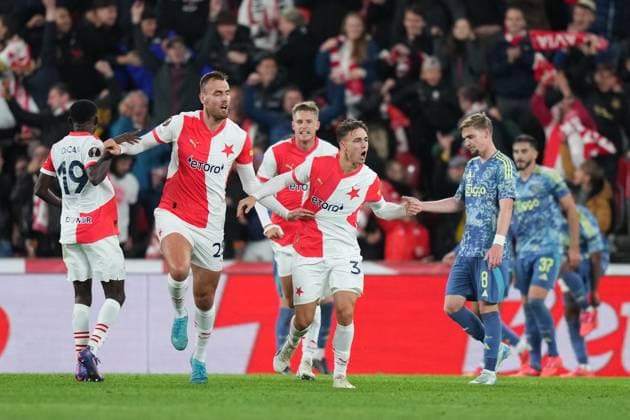 PRAGUE, 03-10-2024 , Eden Arena, football, UEFA Europa League, season 2024 2025, Match between Slavia Praag and Ajax , Slavia Praag player Tomas Chory celebrating his goal 1-1 Slavia Praag - Ajax  x26382741x Copyright: