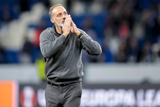 Pellegrino Matarazzo (Rino, Trainer, Cheftrainer, Hoffenheim), Einzelbild, Einzelfoto, Aktion, Action, Jubel nach dem Schlusspfiff, Freude über den Sieg, Sieger, Gewinner, jubelt, jubeln, fröhlich, positiv, freut sich, freuen, optimistisch, Highlight, Action, Aktion, 03.10.2024, Sinsheim (Deutschland), Fussball, UEFA Europa League, Gruppenphase, TSG 1899 Hoffenheim - Dynamo Kiew, REGULATIONS PROHIBIT ANY USE OF PHOTOGRAPHS AS IMAGE SEQUENCES AND OR QUASI-VIDEO.