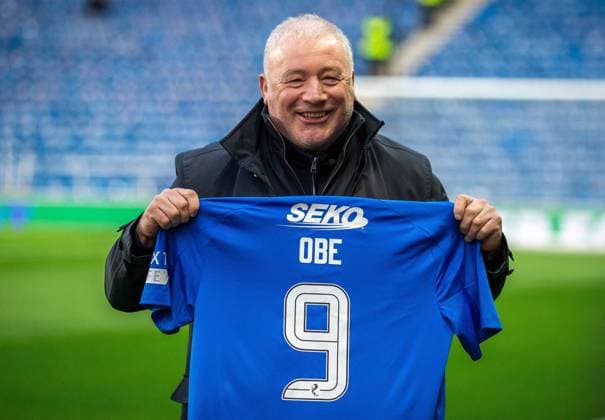 3rd October 2024; Ibrox Stadium, Glasgow, Scotland; UEFA Europa League Football, Rangers versus Lyon; Ally McCoist with his shirt bearing OBE and his number 9 after being awarded an OBE  ActionPlus12699469 VagelisxGeorgariou