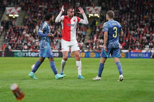 PRAGUE, 03-10-2024 , Eden Arena, football, UEFA Europa League, season 2024 2025, Match between Slavia Praag and Ajax , (L-R) Ajax player Owen Wijndal, Slavia Praag player Tomas Chory , Ajax player Anton Gaaei Slavia Praag - Ajax  x26383162x Copyright: