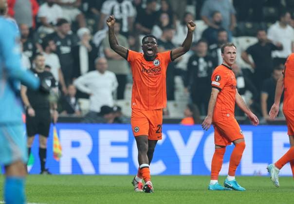 03.10.2024, Fussball UEFA Europa League, Besiktas JK Istanbul - Eintracht Frankfurt, emonline, emspor, v.l., Torjubel zum 0:2 durch Junior Dina Ebimbe (Eintracht Frankfurt), Goal celebration, celebrate the goal DFL DFB REGULATIONS PROHIBIT ANY USE OF PHOTOGRAPHS AS IMAGE SEQUENCES AND OR QUASI-VIDEO. xdcx Copyright: HMBxMedia