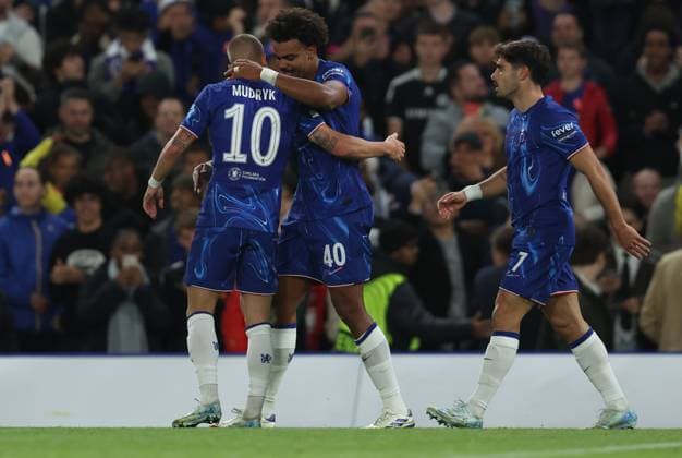 London, England, 3rd October 2024. Renato Veiga (C) of Chelsea celebrates with Mykhaylo Mudryk of Chelsea (L) after scoring to make it 1-0 during the UEFA Europa Conference League match at Stamford Bridge, London. Picture credit should read: Paul Terry Sportimage EDITORIAL USE ONLY. No use with unauthorised audio, video, data, fixture lists, club league logos or live services. Online in-match use limited to 120 images, no video emulation. No use in betting, games or single club league player publications. SPI-3357-0017