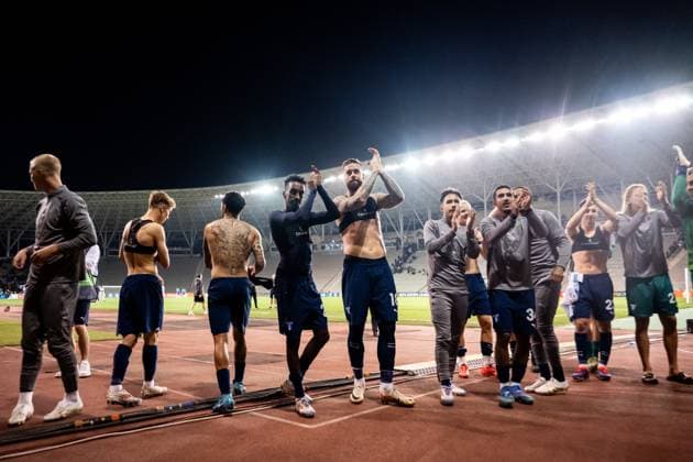241003 Taha Ali, Pontus Jansson, Adrian Skogmar and Zakaria Loukili of Malmö FF celebrate after during the UEFA Europa League football match between Qarabag and Malmö FF on October 3, 2024 in Baku. Photo: Petter Arvidson BILDBYRAN kod PA PA0893 fotboll football soccer fotball uefa europa league qarabag malmö ff bbeng jubel Copyright: PETTERxARVIDSON BB241003PA203