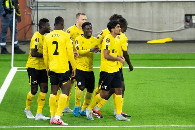 241003 Michael Baidoo of Elfsborg celabrate with teammates after scoring 1-0 during the UEFA Europa League between Elfsborg and Roma on October 3, 2024 in Boras. Photo: Jörgen Jarnberger BILDBYRAN COP 112 JJ0405 fotboll football soccer fotball uefa europa league elfsborg roma bbeng celebrate Copyright: JÖRGENxJARNBERGER BB241003JJ046
