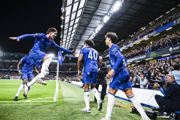 Chelsea s Renato Veiga celebrates after scoring during a soccer match between British team Chelsea FC and Belgian team KAA Gent, Thursday 03 October 2024 in London, for the opening day of the UEFA Conference League tournament. TOM GOYVAERTS TomxGoyvaerts  x101881677x