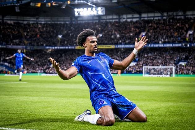 Chelsea s Renato Veiga celebrates after scoring during a soccer match between British team Chelsea FC and Belgian team KAA Gent, Thursday 03 October 2024 in London, for the opening day of the UEFA Conference League tournament. TOM GOYVAERTS TomxGoyvaerts  x101881694x