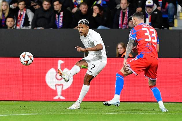 L-R Rick (Razgrad) and Erik Jirka (Plzen) in action during the Football Europa League 2nd round match Viktoria Plzen vs Ludogorec Razgrad in Pilsen, Czech Republic, October 3, 2024. (CTKxPhoto MiroslavxChaloupka) CTKPhotoP2024100307827  CTKPhotoP2024100307827