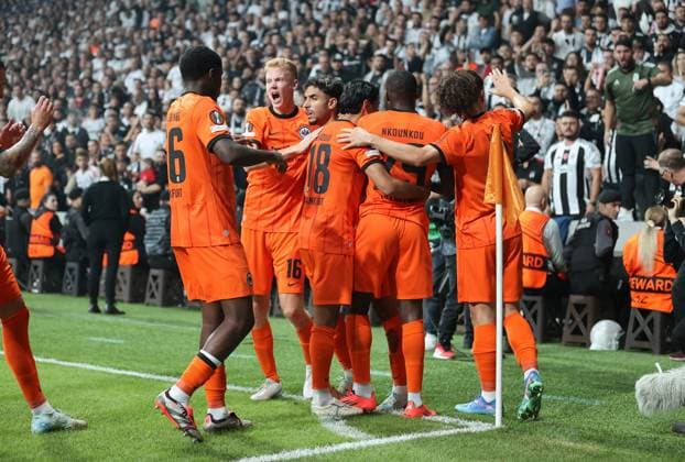 03.10.2024, Fussball UEFA Europa League, Besiktas JK Istanbul - Eintracht Frankfurt, emonline, emspor, v.l., Torjubel zum 0:1 durch Omar Marmoush (Eintracht Frankfurt), Goal celebration, celebrate the goal DFL DFB REGULATIONS PROHIBIT ANY USE OF PHOTOGRAPHS AS IMAGE SEQUENCES AND OR QUASI-VIDEO. xdcx Copyright: HMBxMedia