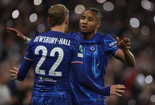 London, England, 3rd October 2024. Kiernan Dewsbury-Hall (L) of Chelsea celebrates with Christopher Nkunku after scoring to make it 4-1 during the UEFA Europa Conference League match at Stamford Bridge, London. Picture credit should read: Paul Terry Sportimage EDITORIAL USE ONLY. No use with unauthorised audio, video, data, fixture lists, club league logos or live services. Online in-match use limited to 120 images, no video emulation. No use in betting, games or single club league player publications. SPI-3357-0039