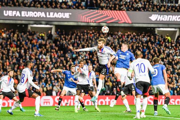 Rangers v Olympique Lyonnais UEFA Europa League John Souttar of Rangers and Duje Caleta-Car of Olympique Lyonnais battle for the ball during the UEFA Europa League match at Ibrox Stadium, Glasgow UK Newspapers OUT Copyright: xJamiexJohnstonx FIL-20729-0091