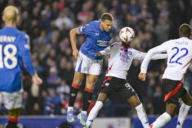 GLASGOW, SCOTLAND - OCTOBER 3: Cyriel Dessers of Rangers FC heads the ball during the UEFA Europa League 2024 25 League Phase Matchday 2 match between Rangers FC and Olympique Lyonnais at Ibrox Stadium on October 03, 2024 in Glasgow, Scotland. FOOTBALL : Glasgow Rangers Vs Olympique Lyonnais - Ligue Europa - 03 10 2024 RichardCallis Panoramic 