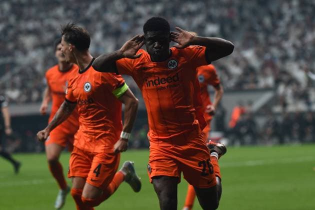 Eric Dina (26) of Eintracht Frankfurt celebrates after scoring the first goal of his team with teammates during the UEFA Europa League 2024 25 League Phase MD2 match between Besiktas JK and Eintracht Frankfurt at Tupras Stadium on October 3, 2024 in Istanbul, Turkey. (Photo by Seskimphoto ) Besiktas JK v Eintracht Frankfurt UEFA Europa League 2024 25 
