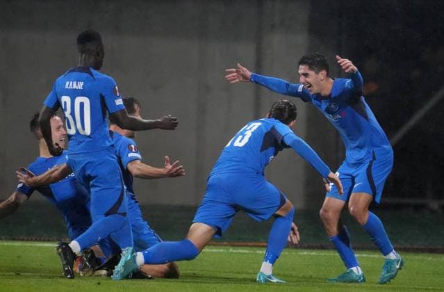 (241004) -- RIGA, Oct. 4, 2024 -- Players of RFS celebrate scoring during a UEFA Europa League match between RFS and Galatasaray in Riga, Latvia, Oct. 3, 2024. (Photo by Xinhua) (SP)LATVIA-RIGA-FOOTBALL-UEFA EUROPA LEAGUE-RFS VS GALATASARAY EdijsxPalens 
