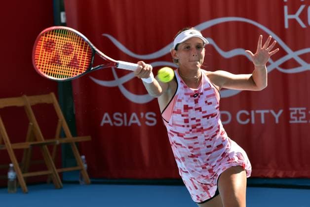 (241004) -- HONG KONG, Oct. 4, 2024 -- Varvara Gracheva hits a return during the women s singles quarterfinal match between Varvara Gracheva of France and Suzan Lamens of the Netherlands at WTA, Tennis Damen Hong Kong 125 Open tennis tournament in Hong Kong, south China, Oct. 4, 2024. (Photo by Xinhua) (SP)CHINA-HONG KONG-TENNIS-WTA 125-WOMEN S SINGLES(CN) LoxPingxFai 