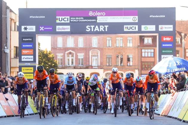 UCI Gravel World Champions Women 2024 LEUVEN, BELGIUM - OCTOBER 05 : The start during the 3th UCI Gravel World Championships Women race with start in Halle and finish in Leuven on October 05, 2024 in Leuven, Belgium, 05 10 2024 Leuven Belgium  Copyright: xTomasxSiskx
