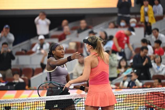 (241005) -- BEIJING, Oct. 5, 2024 -- Coco Gauff (L) of the United States and Paula Badosa of Spain greet each other after the women s singles semifinal match at the 2024 China Open tennis tournament in Beijing, China, Oct. 5, 2024. ) (SP)CHINA-BEIJING-TENNIS-CHINA OPEN-WOMEN S SINGLES (CN) ZhangxLong 
