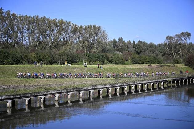 the pack of the riders pictured during the women elite race at the UCI World Gravel Championships, Saturday 05 October 2024, in Leuven. JASPERxJACOBS  x101957656x