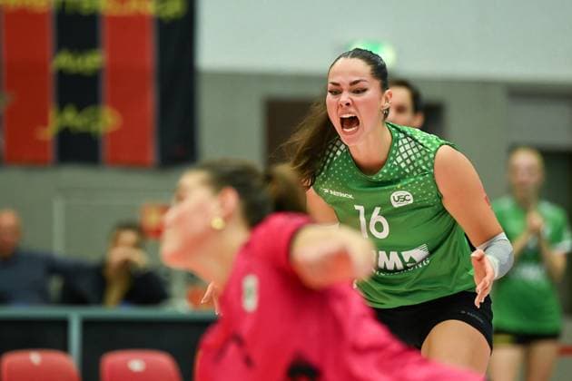 1. Volleyball Bundesliga Frauen, Dresdner SC vs. USC Muenster, Dresden, 05.10.2024 Mikala Mogensen (USC Muenster, 16) 1. Volleyball Bundesliga Frauen, Dresdner SC vs. USC Muenster am 05.10.2024 in der Margon Arena Dresden Copyright: xBEAUTIFULxSPORTS Hoepnerx