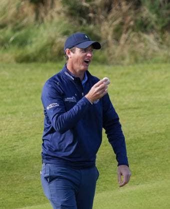 Nicolas Colsaerts celebrates after holing his 2nd shot on the par 5 16th hole for an albatross. Alfred Dunhill Links Championship 2024, Day Three, Golf, Kingsbarn, Scotland, UK - 05 Oct 2024  Copyright: xStuartxWallace Shutterstockx 14760092ab
