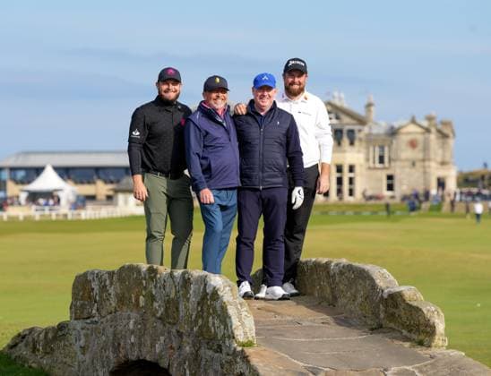 Tyrrell Hatton, Jeff Hatton, Gerry McManus & Shane Lowry pose on the Swilcan Bridge on the 18th hole. Alfred Dunhill Links Championship 2024, Day Three, Golf, Old Course, St Andrews, Scotland, UK - 05 Oct 2024  Copyright: xStuartxWallace Shutterstockx 14758259af