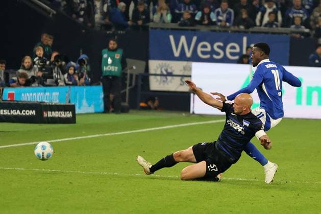 Toni Leistner (Hertha BSC) und Bryan Lasme (FC Schalke 04) beim Spiel der 2. BL (Saison 2024 25) FC Schalke 04 - Hertha BSC Copyright: Thomas Pakusch