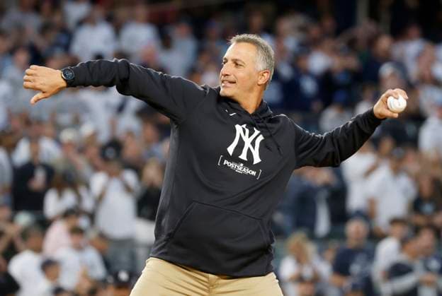 Former Yankees pitcher Andy Pettitte throws out the first pitch before the New York Yankees play the Kansas City Royals in game one of the ALDS at Yankee Stadium on Saturday, October 5, 2024 in New York City.  NYP202410051105 JOHNxANGELILLO
