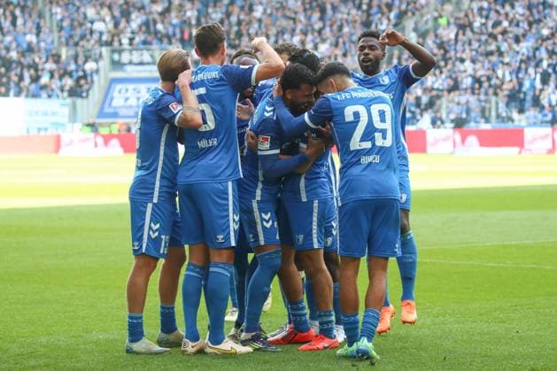 06.10.2024, xgox, Fussball - 2.Bundesliga, 1.FC Magdeburg - SpVgg Greuther Fuerth emspor, v.l. Magdeburg jubelt nach dem 1:0 durch Mohammed El Hankouri (Magdeburg, 11) (DFL DFB REGULATIONS PROHIBIT ANY USE OF PHOTOGRAPHS as IMAGE SEQUENCES and or QUASI-VIDEO) Magdeburg