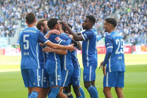 06.10.2024, xgox, Fussball - 2.Bundesliga, 1.FC Magdeburg - SpVgg Greuther Fuerth emspor, v.l. Magdeburg jubelt nach dem 1:0 durch Mohammed El Hankouri (Magdeburg, 11) (DFL DFB REGULATIONS PROHIBIT ANY USE OF PHOTOGRAPHS as IMAGE SEQUENCES and or QUASI-VIDEO) Magdeburg