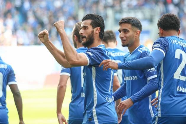 06.10.2024, xgox, Fussball - 2.Bundesliga, 1.FC Magdeburg - SpVgg Greuther Fuerth emspor, v.l. Magdeburg jubelt nach dem 1:0 durch Mohammed El Hankouri (Magdeburg, 11) (DFL DFB REGULATIONS PROHIBIT ANY USE OF PHOTOGRAPHS as IMAGE SEQUENCES and or QUASI-VIDEO) Magdeburg