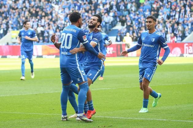 06.10.2024, xgox, Fussball - 2.Bundesliga, 1.FC Magdeburg - SpVgg Greuther Fuerth emspor, v.l. Magdeburg jubelt nach dem 1:0 durch Mohammed El Hankouri (Magdeburg, 11) (DFL DFB REGULATIONS PROHIBIT ANY USE OF PHOTOGRAPHS as IMAGE SEQUENCES and or QUASI-VIDEO) Magdeburg