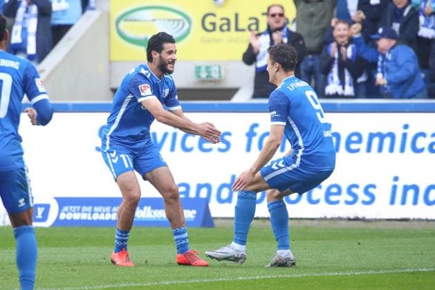 06.10.2024, xgox, Fussball - 2.Bundesliga, 1.FC Magdeburg - SpVgg Greuther Fuerth emspor, v.l. Mohammed El Hankouri (Magdeburg, 11) und Martijn Kaars (Magdeburg, 9) Jubel, Torjubel, jubelt ueber das Tor, celebrate the goal, celebration nach dem 2:0 (DFL DFB REGULATIONS PROHIBIT ANY USE OF PHOTOGRAPHS as IMAGE SEQUENCES and or QUASI-VIDEO) Magdeburg