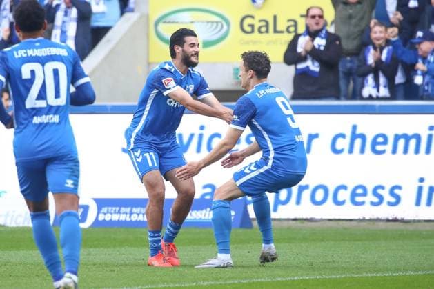 06.10.2024, xgox, Fussball - 2.Bundesliga, 1.FC Magdeburg - SpVgg Greuther Fuerth emspor, v.l. Mohammed El Hankouri (Magdeburg, 11) und Martijn Kaars (Magdeburg, 9) Jubel, Torjubel, jubelt ueber das Tor, celebrate the goal, celebration nach dem 2:0 (DFL DFB REGULATIONS PROHIBIT ANY USE OF PHOTOGRAPHS as IMAGE SEQUENCES and or QUASI-VIDEO) Magdeburg