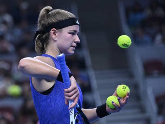 (241006) -- BEIJING, Oct. 6, 2024 -- Karolina Muchova of the Czech Republic reacts during the women s singles final match against Coco Gauff of the United States at the 2024 China Open tennis tournament in Beijing, China, Oct. 6, 2024. ) (SP)CHINA-BEIJING-TENNIS-CHINA OPEN-WOMEN S SINGLES-FINAL (CN) ZhangxLong 