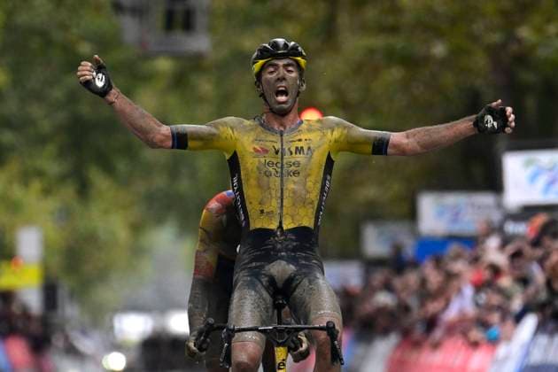 Paris-Tours cycling race 2024 TOURS, FRANCE - OCTOBER 06 : Laporte Christophe (FRA) of Team Visma Lease a Bike wins, Vacek Mathias (CZE) of Lidl - Trek during the UCI Pro Series Paris-Tours cycling race with start in Chartres and finish in Tours (214km) on October 6, 2024 in Tours, France, 06 10 2024 Tours France  Copyright: xPeterxDexVoechtx