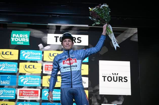 Paris-Tours cycling race 2024 TOURS, FRANCE - OCTOBER 06 : Philipsen Jasper (BEL) of Alpecin-Deceuninck pictured during the podium ceremony of the UCI Pro Series Paris-Tours cycling race with start in Chartres and finish in Tours (214km) on October 6, 2024 in Tours, France, 06 10 2024 Tours France  Copyright: xPeterxDexVoechtx