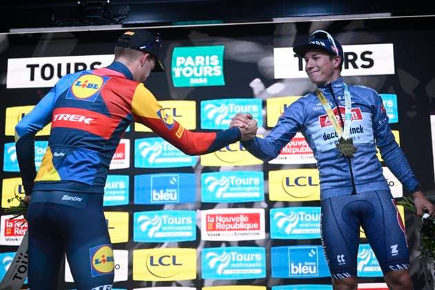Paris-Tours cycling race 2024 TOURS, FRANCE - OCTOBER 06 : Vacek Mathias (CZE) of Lidl - Trek and Philipsen Jasper (BEL) of Alpecin-Deceuninck pictured during the podium ceremony of the UCI Pro Series Paris-Tours cycling race with start in Chartres and finish in Tours (214km) on October 6, 2024 in Tours, France, 06 10 2024 Tours France  Copyright: xPeterxDexVoechtx