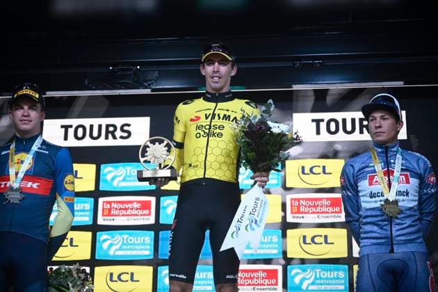 Paris-Tours cycling race 2024 TOURS, FRANCE - OCTOBER 06 : Vacek Mathias (CZE) of Lidl - Trek, Laporte Christophe (FRA) of Team Visma Lease a Bike and Philipsen Jasper (BEL) of Alpecin-Deceuninck pictured during the podium ceremony of the UCI Pro Series Paris-Tours cycling race with start in Chartres and finish in Tours (214km) on October 6, 2024 in Tours, France, 06 10 2024 Tours France  Copyright: xPeterxDexVoechtx