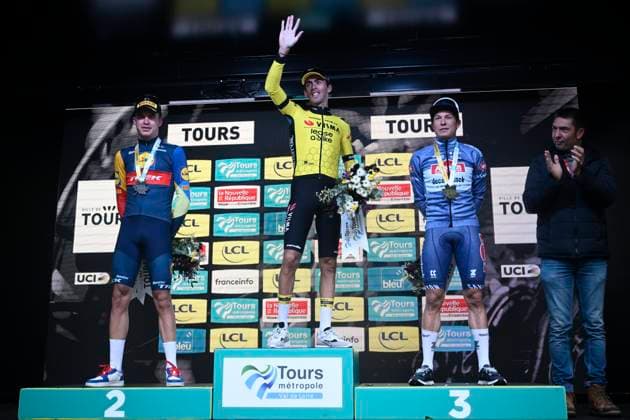 Paris-Tours cycling race 2024 TOURS, FRANCE - OCTOBER 06 : Vacek Mathias (CZE) of Lidl - Trek, Laporte Christophe (FRA) of Team Visma Lease a Bike and Philipsen Jasper (BEL) of Alpecin-Deceuninck pictured during the podium ceremony of the UCI Pro Series Paris-Tours cycling race with start in Chartres and finish in Tours (214km) on October 6, 2024 in Tours, France, 06 10 2024 Tours France  Copyright: xPeterxDexVoechtx