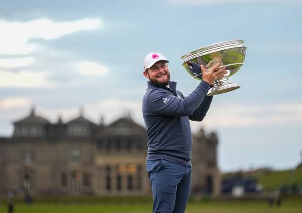 Tyrrell Hatton holds the Alfred Dunhill Links Championship trophy on the Swilcan Bridge at the 18th hole at St Andrews after becoming the first three time winner of the Alfred Dunhill Links Championship. Alfred Dunhill Links Championship 2024, Day Four, Golf, Old Course, St Andrews, Scotland, UK - 06 Oct 2024  Copyright: xStuartxWallace Shutterstockx 14758266af