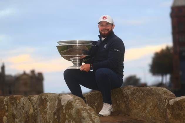 6th October 2024; The Old Course at St Andrews, Fife, Scotland; Alfred Dunhill Links Golf Championship, Final Round; Tyrrell Hatton of England kisses the Alfred Dunhill Links trophy after his win on the Old Course, St Andrews  ActionPlus12701345 DavidxYoung