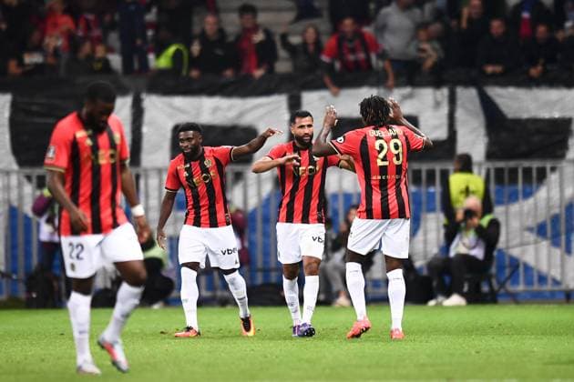 Fußball, OGC Nizza - Paris St. Germain OGC Nice v Paris Saint-Germain - Ligue 1 MCDonald s 2024 2025 07 Jeremie BOGA (ogcn) - 02 Ali ABDI (ogcn) during the Ligue 1 MCDonald s match between Nice and Paris at Allianz Riviera Stadium on October 6, 2024 in Nice, France. Nice France  Copyright: xFEPx 776218850