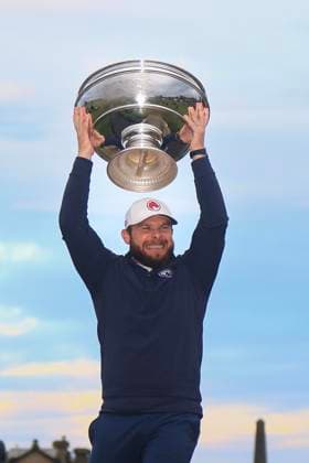 6th October 2024; The Old Course at St Andrews, Fife, Scotland; Alfred Dunhill Links Golf Championship, Final Round; Tyrrell Hatton of England with the Alfred Dunhill Links trophy after his win on the Old Course, St Andrews  ActionPlus12701449 DavidxYoung