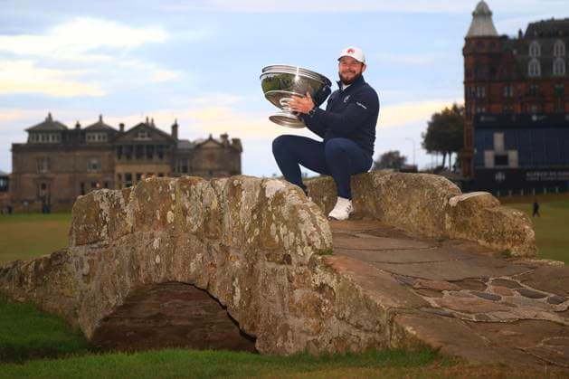 6th October 2024; The Old Course at St Andrews, Fife, Scotland; Alfred Dunhill Links Golf Championship, Final Round; Tyrrell Hatton of England with the Alfred Dunhill Links trophy after his win on the Old Course, St Andrews  ActionPlus12701450 DavidxYoung