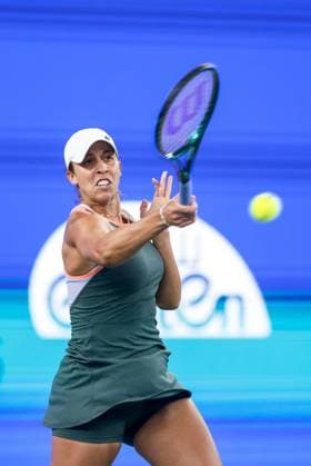 WUHAN, CHINA - OCTOBER 07: Madison Keys of United States competes in the Women s Singles Round of 64 match against Beatriz Haddad Maia of Brazil on day three of 2024 Wuhan Open at Optics Valley International Tennis Center on October 7, 2024 in Wuhan, Hubei Province of China.  Copyright: xVCGx 111522340929